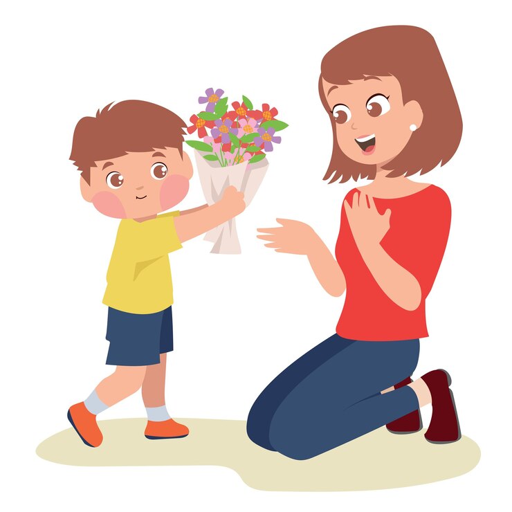 Clipart d'un fils mignon donnant un bouquet de fleurs à sa mère Joyeuse fête des mères fichier vectoriel