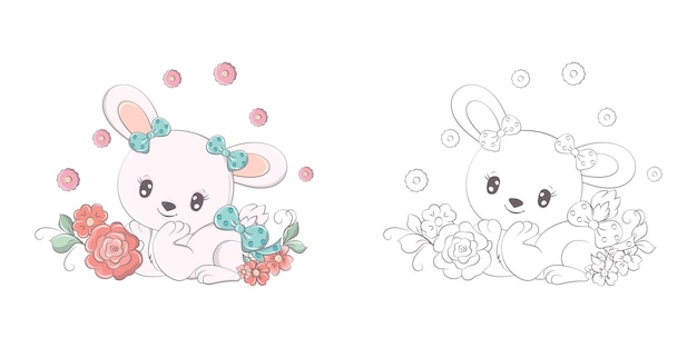 Clipart Lapin Pour Coloriage Et Illustration Multicolore. Illustration De Bébé Lapin Avec Fleur