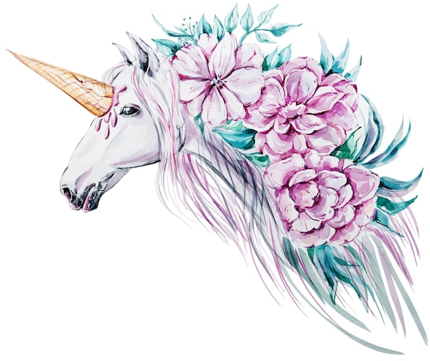 Clipart de licorne florale aquarelle cheval avec illustration de couronne de fleurs pour affiche de sublimation