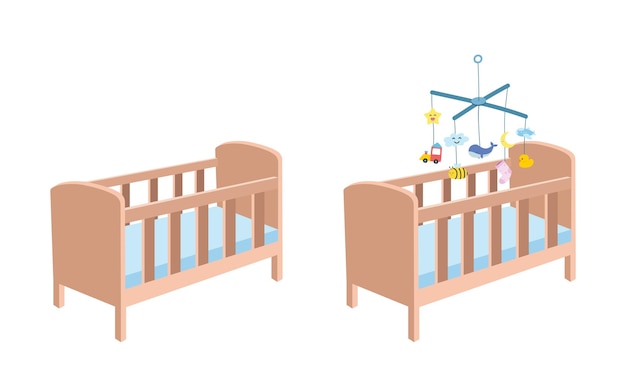 Vecteur clipart de lit bébé en bois. berceau mignon simple avec illustration vectorielle plane de jouet suspendu mobile pour bébé