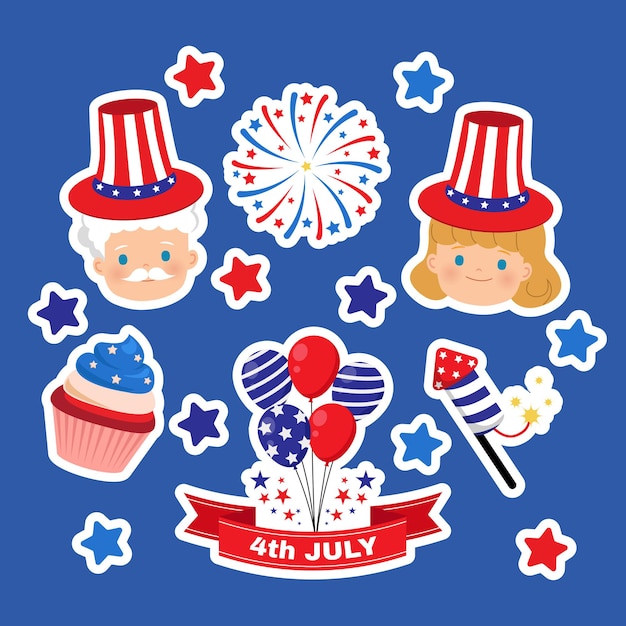 Clipart Mignon Pour L'autocollant De La Fête De L'indépendance Américaine Du 4 Juillet à Plat