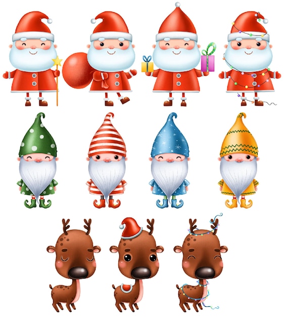 Vecteur clipart de noël avec des gnomes et des cerfs du père noël