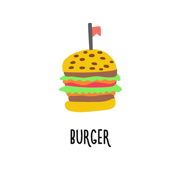 Un clipart avec une photo d'un burger avec salade fromage tomate et escalope