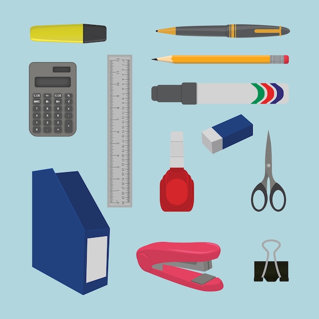 Clipart stationnaire d'école et de bureau avec le crayon de stylo de dossier et la calculatrice