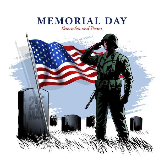 Vecteur clipart ou symbole du memorial day silhouette de soldats saluant le drapeau des états-unis