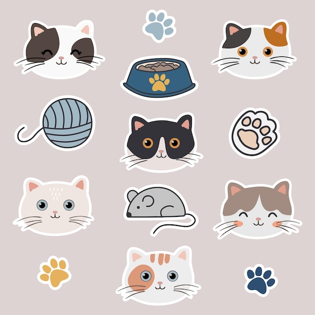 Clipart Vectoriel Boho Pour La Décoration De Pépinière Avec Des Visages De Chats Mignons Mignons. Illustration Moderne. Autocollants Mignons