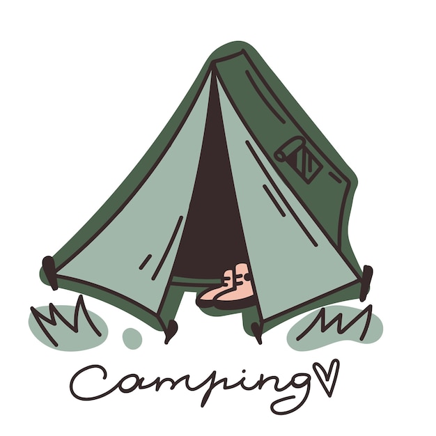 Vecteur clipart vectoriel dessiné à la main d'une tente de camp camping mot manuscrit isolé sur fond blanc