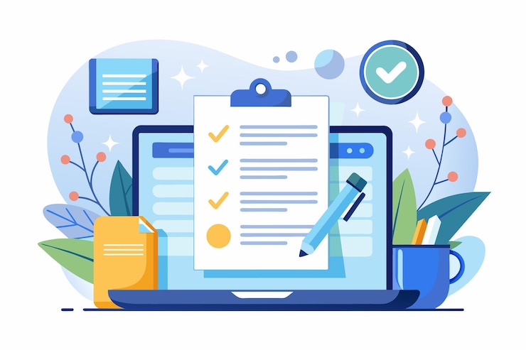 Vecteur un clipboard affichant une liste de contrôle pour un contrat de travail en ligne avec des cases à cocher pour marquer les tâches terminées contrat de travail en ligne illustration vectorielle plate simple et minimaliste