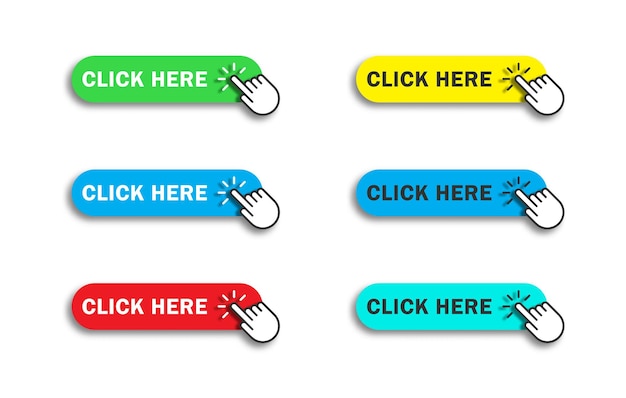 Cliquez ici sur le bouton avec le pointeur de la main en cliquant sur l'ensemble de boutons Web colorés Illustration vectorielle plane
