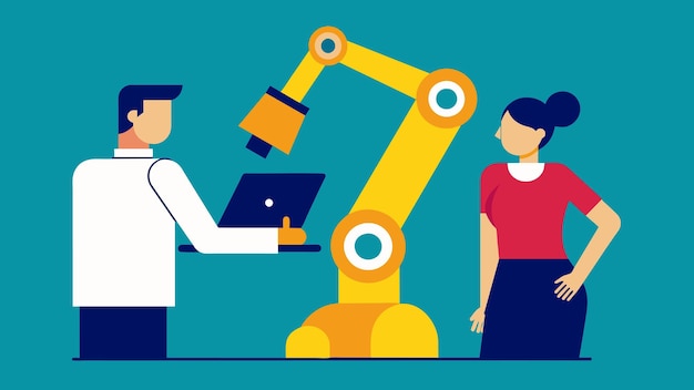 Vecteur close-up d'un bras robotique et d'un travailleur humain collaborant à une tâche symbolisant la technologie humaine