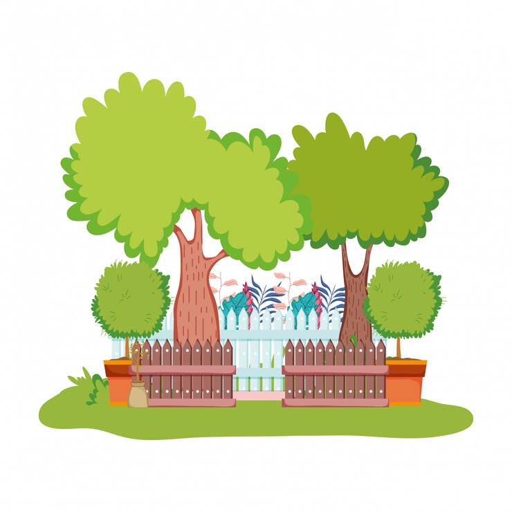 Vecteur clôture en bois avec arbre dans le camp