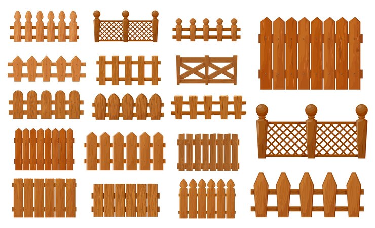 Vecteur clôture en bois de dessin animé de jardin et de ferme, ensemble de vecteurs