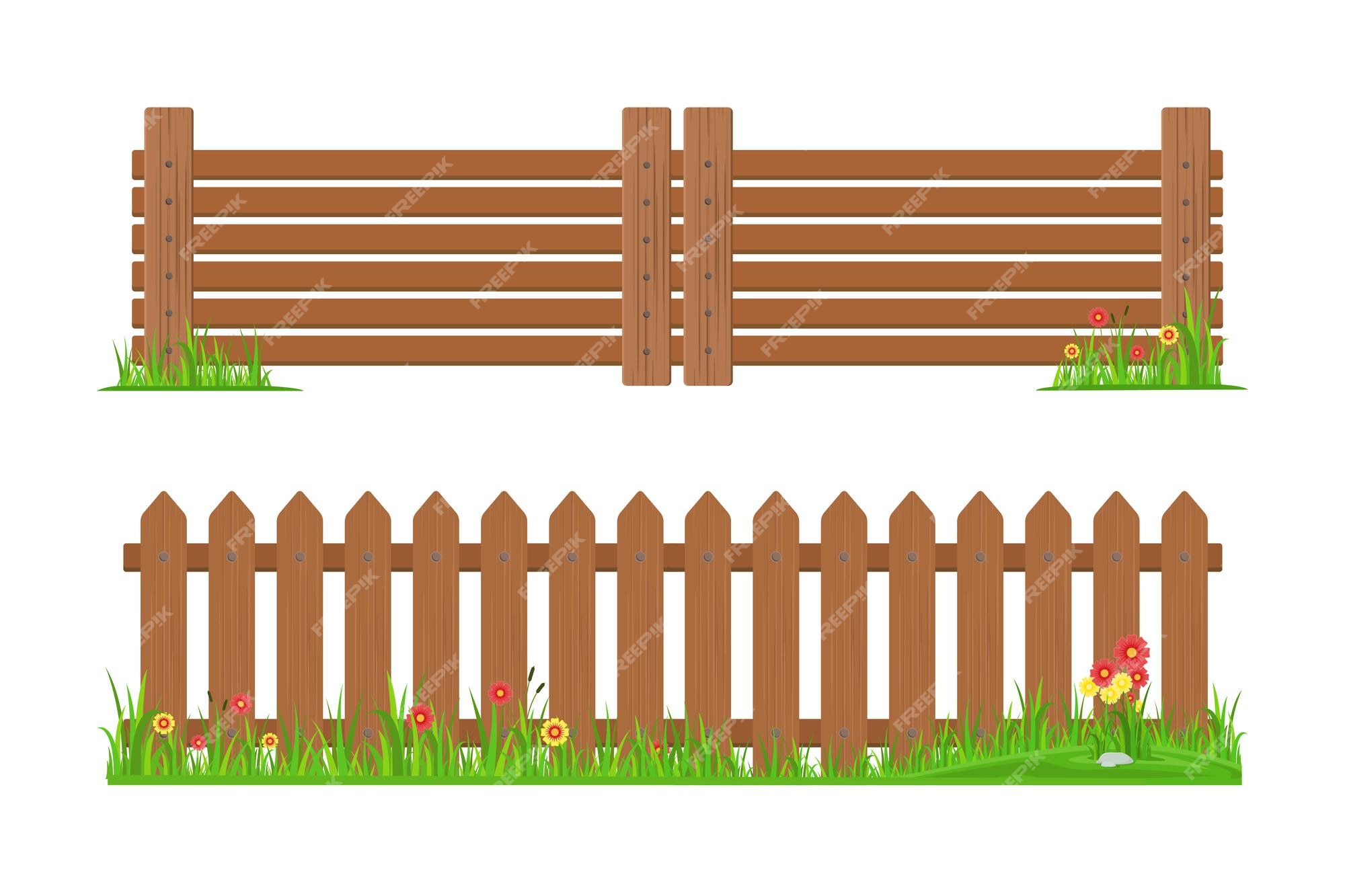 Clôture En Bois Avec Dessin Vectoriel D'herbe Et De Fleurs | Vecteur