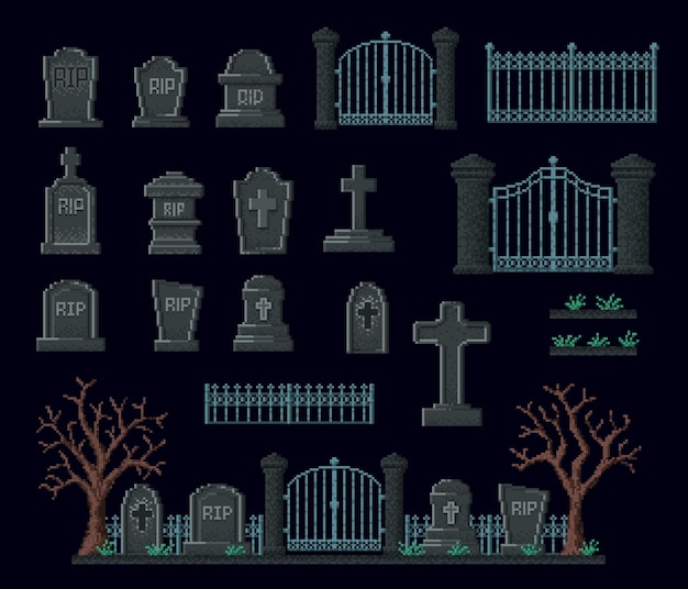 Vecteur clôture de pierre tombale d'actifs de jeu de pixel de cimetière 8bit