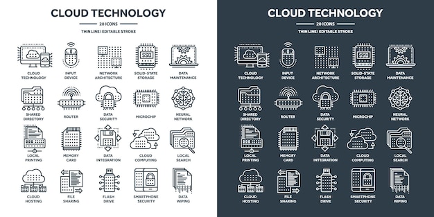 Cloud computing et base de données de technologie Internet accès à distance hébergement Web services en ligne protection des données sécurité de l'information partage de données et sauvegarde icônes de ligne mince ensemble illustration vectorielle
