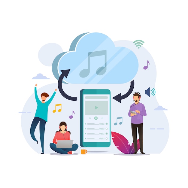 Vecteur cloud connectez la musique en streaming sur smartphone