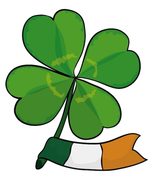 Vecteur clover géant à quatre feuilles et tige avec drapeau d'irlande dans le style de dessin animé