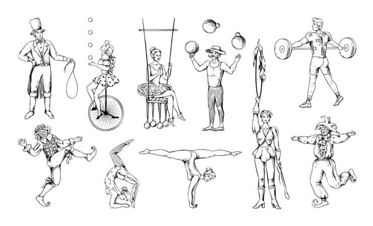 Clown de cirque vintage Homme en équilibre sur un monocycle Contortionniste jongleur boules Acrobate ou équilibriste Acteurs performance Athlète avec barre dessin rétro jeu de croquis vectoriel