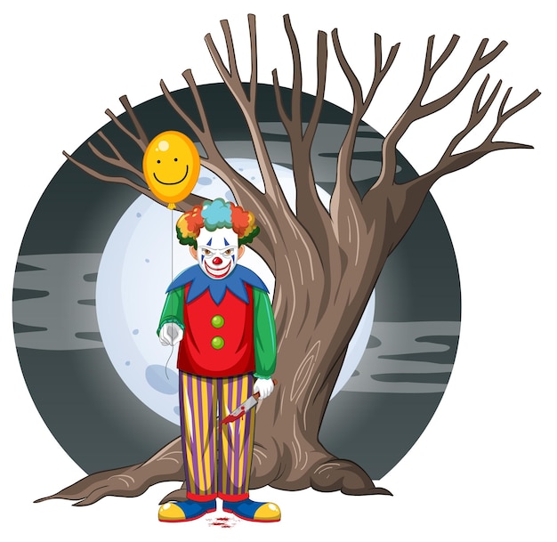 Clown Effrayant Avec Arbre Sur Fond De Pleine Lune