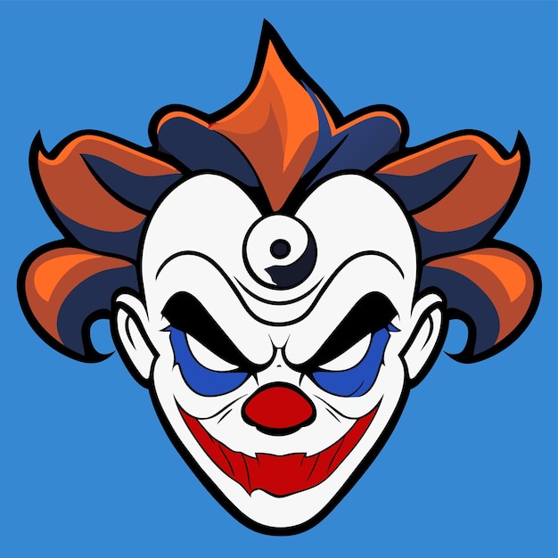 Clown effrayant, joker, tête méchante avec des cheveux bleus, dessiné à la main, plat, élégant, sticker de dessin animé, concept d'icône.