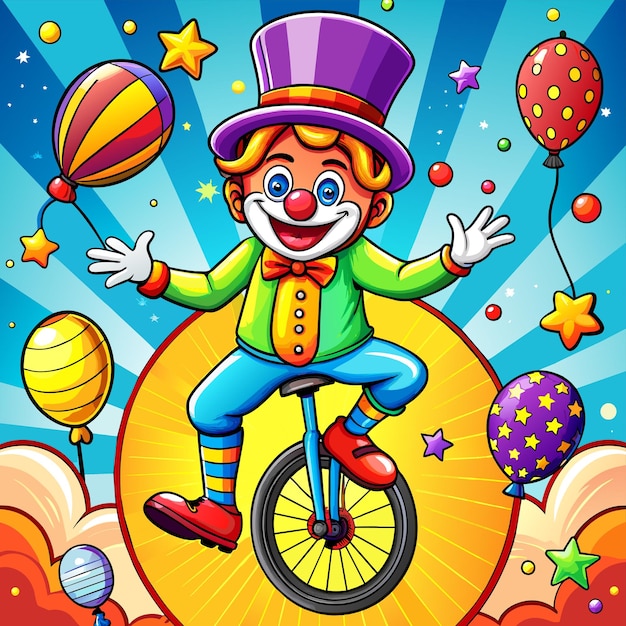un clown fait du vélo avec des ballons et un ballon en arrière-plan