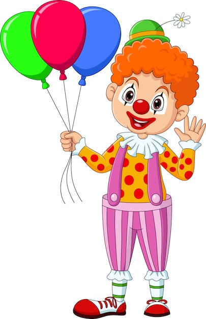 Clown heureux de dessin animé tenant des ballons colorés