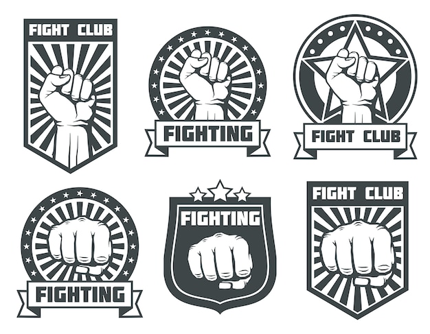 Vecteur club de combat avec des étiquettes vintage de poing, logos, emblèmes set vector sport de boxe, logo de kickboxing il