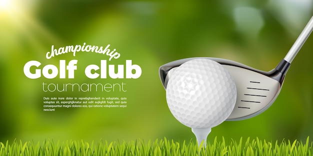 Club de golf et tee de balle sur terrain en herbe, fond d'affiche de tournoi de sport vectoriel. Bannière d'événement de championnat de golf ou de compétition d'équipe avec balle de golf et bâton sur fond de champ de putter vert