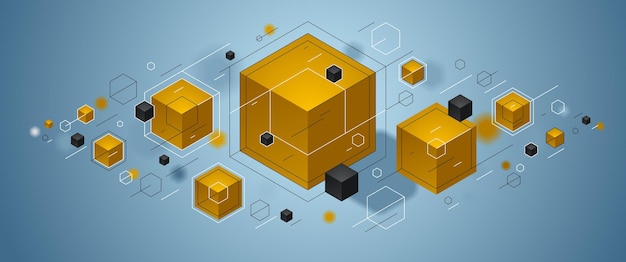 Cluster de cubes avec des éléments jaunes et bleus, des lignes et des points, un fond vectoriel abstrait, une abstraction 3D, une conception géométrique, une technologie et une science.