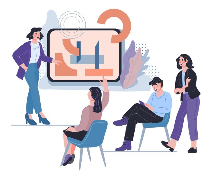 Coaching d'entreprise avec des personnes près du tableau de présentation Cours d'éducation et de compétences en entreprise