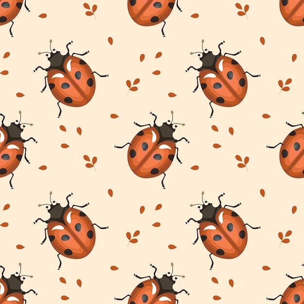 Coccinelles Mignonnes Et Feuilles Sur Fond Clair. Modèle Sans Couture. Imprimer, Fond, Vecteur