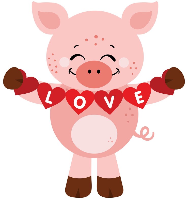Vecteur un cochon aimant tenant une guirlande de drapeau d'amour au cœur rouge