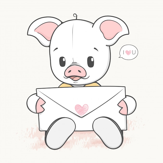 Cochon De Bébé Mignon Avec Dessiné Lettre D'amour Lettre