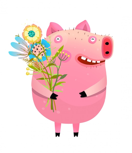 Cochon Avec Bouquet De Fleurs