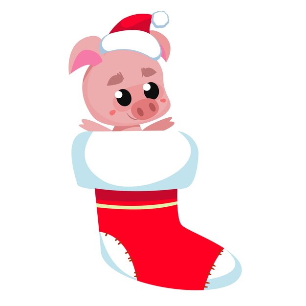 Cochon En Chaussette De Noël. Le Symbole De La Nouvelle 2019. Illustration Vectorielle En Style Cartoon.