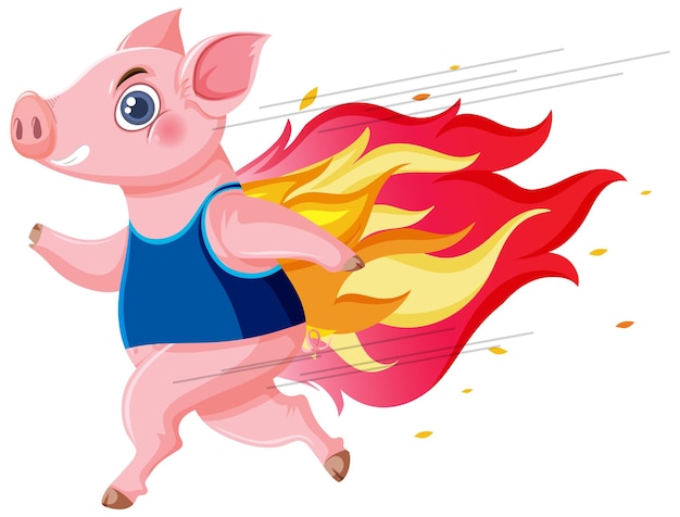 Cochon de dessin animé courant avec le feu