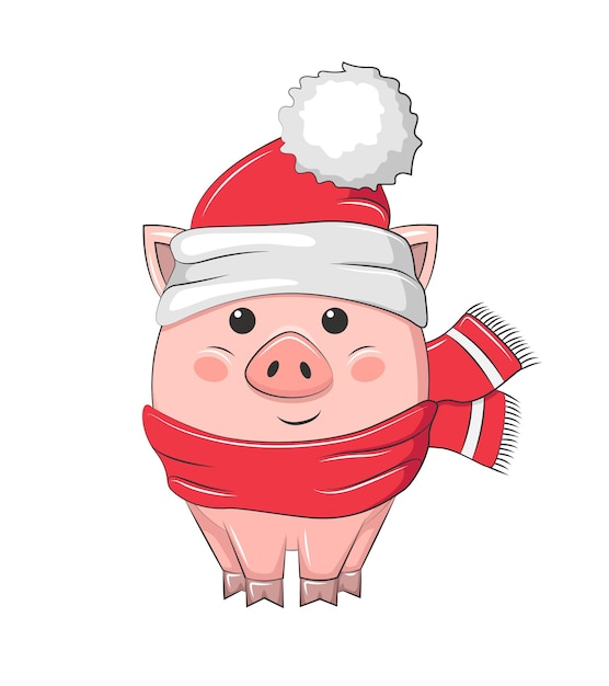 Cochon de dessin animé mignon en bonnet de noel et écharpe rouge. Isolé sur fond blanc