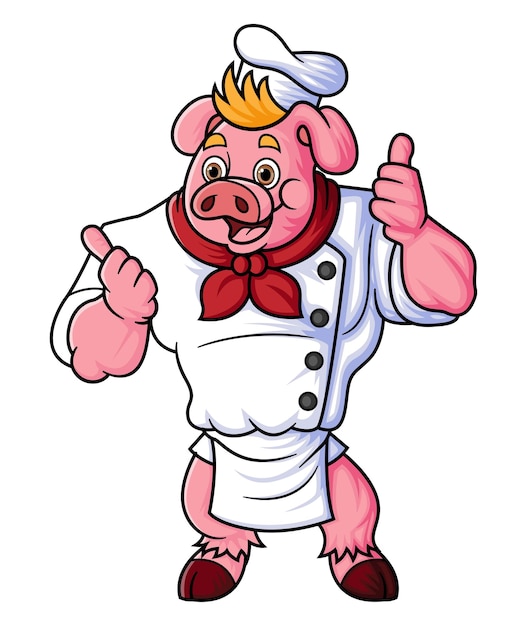 Un cochon de dessin animé potelé travaillant comme chef professionnel donnant un coup de pouce