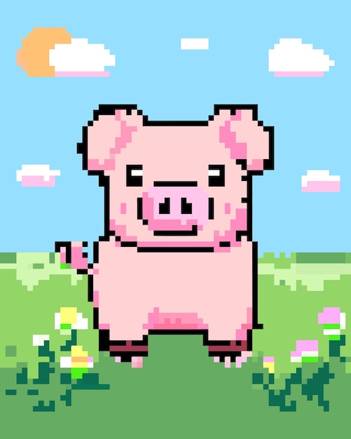 Vecteur un cochon heureux dans une ferme illustration animée pixel art