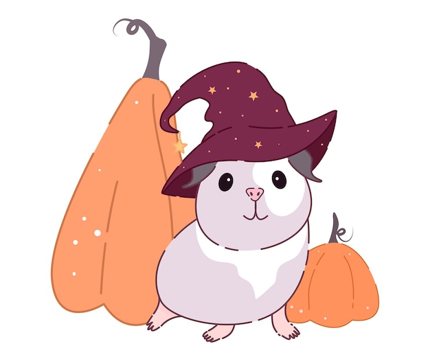 Cochon d'Inde mignon dans un chapeau de sorcière avec des citrouilles. Belle illustration pour Halloween.