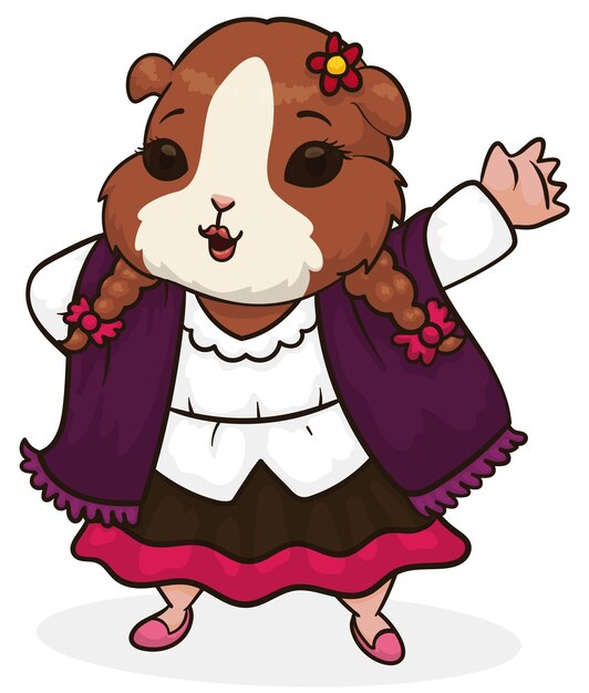 Vecteur cochon d'inde mignon isolé portant une tenue traditionnelle pastuso ou des tresses napanga jupe longue et ruana