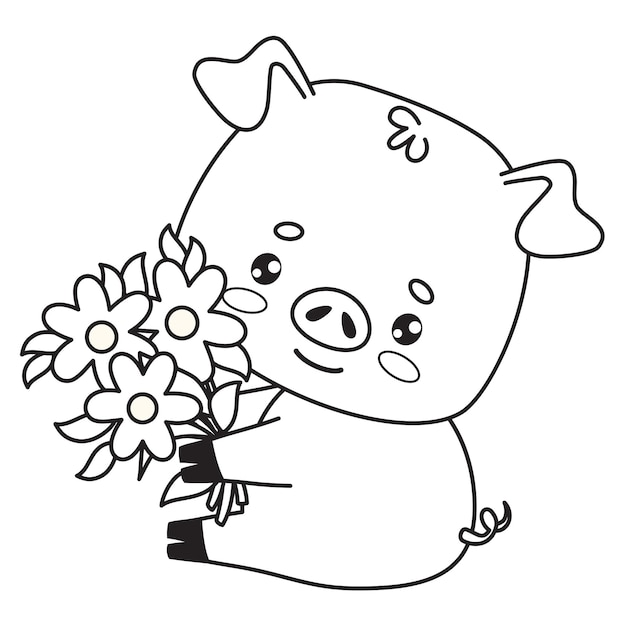 Vecteur cochon mignon avec un bouquet de fleurs personnage de dessin animé d'animal de contour heureux dessin de coloration de ligne