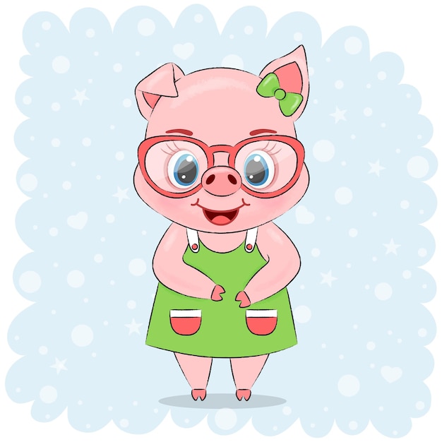 cochon mignon dans une robe verte et des lunettes