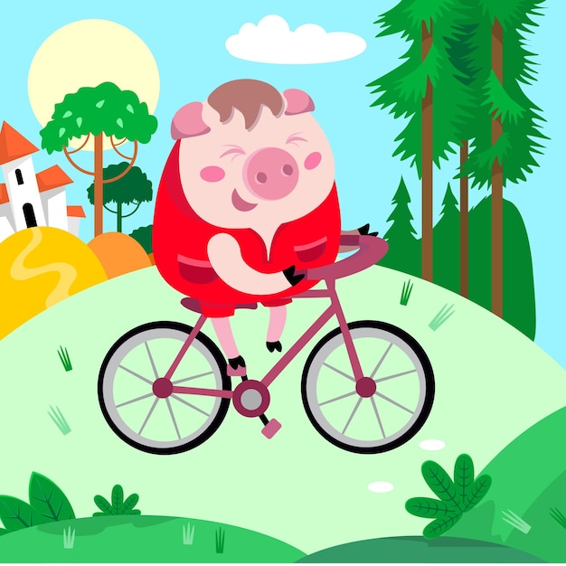 Cochon Mignon, Faire Du Vélo Dans La Forêt Illustration Vectorielle