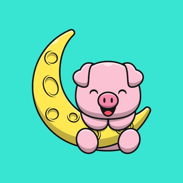 Cochon Mignon Sur L'illustration De Dessin Animé De Lune