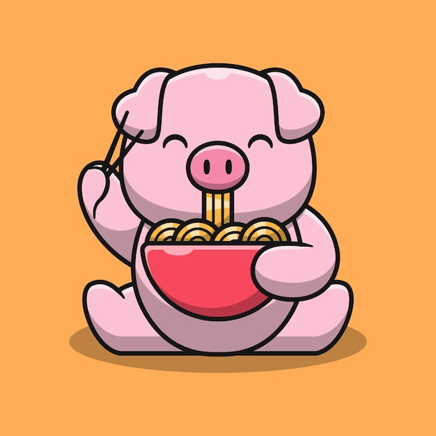 Cochon Mignon Mangeant Une Illustration De Dessin Animé De Nouilles