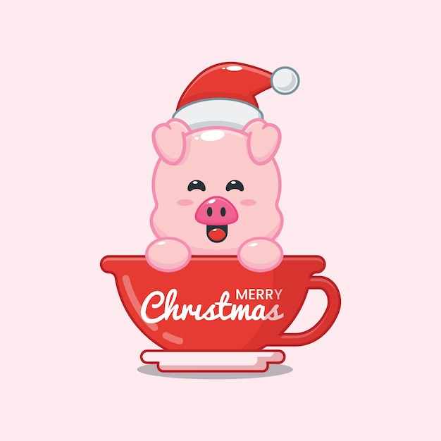 Cochon mignon portant un bonnet de noel dans une tasse Illustration de dessin animé mignon de Noël