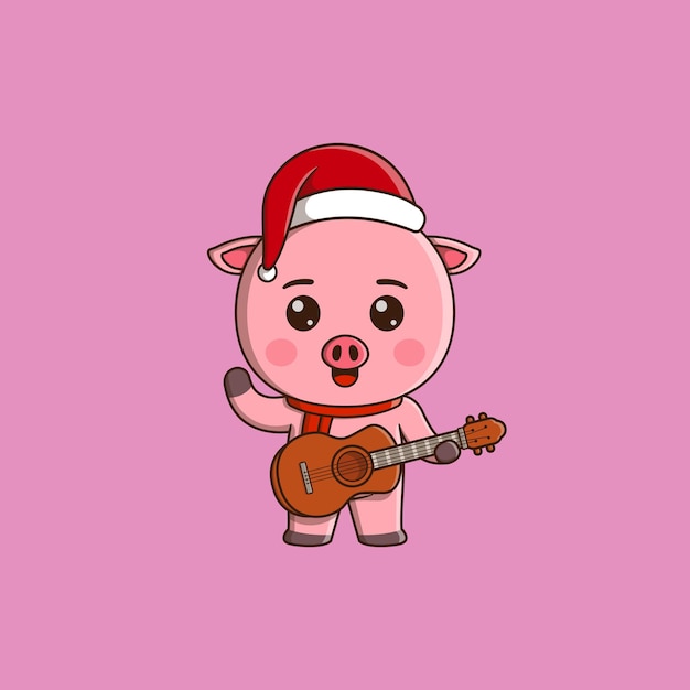 Cochon Mignon Portant Un Chapeau De Noël Et Une écharpe Jouant De La Guitare