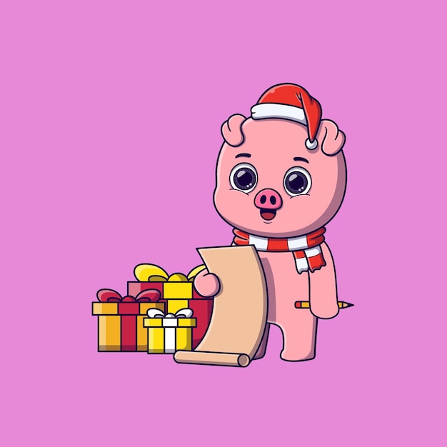 Cochon Mignon Vérifiant La Liste De Cadeaux De Noël