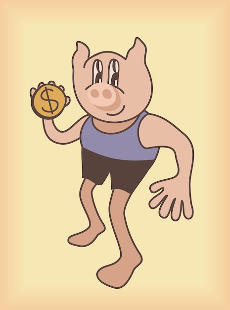Cochon Avec Pièce D'un Dollar Illustration Vectorielle De Dessin Animé Rétro Concept De Boîte D'argent